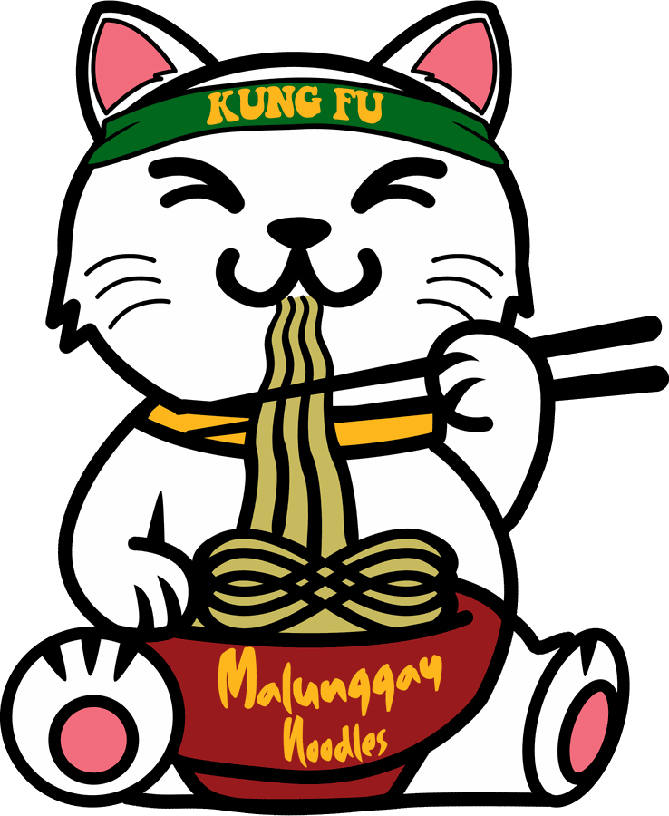The Kung-Fu Noodles cat mascot eating a bowl of malunggay noodles